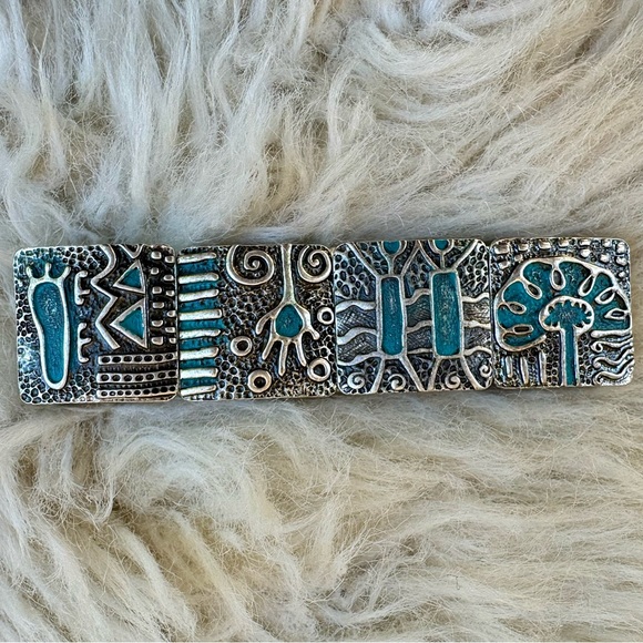 Vintage ๐ค Boho Silver Tone & Turquoise Stretch Bracelet Square Tribal Beachy - Picture 4 of 8